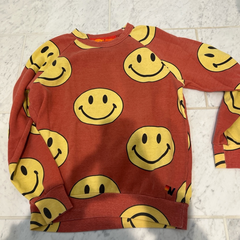 Aviator Nation Red and Yellow Smiley Face Crewneck Sweater